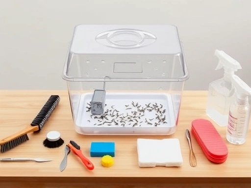 A clean, transparent insect breeding container with various cleaning tools laid out around it, such as brushes, sponges, and spray bottles, on a well-lit table, indicating hygiene. 