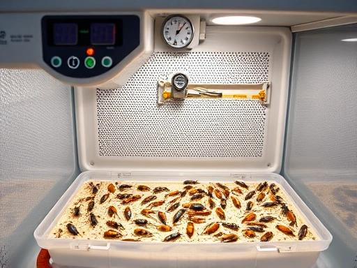 A meticulously set up insect breeding container with precise temperature and humidity gauges, emphasizing optimal environmental control for pet insects.