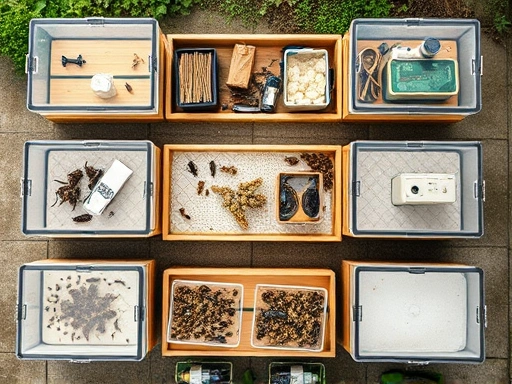 A detailed top-down view of various insect breeding enclosures, showing different setups and cost-saving methods, with SEO keywords like 