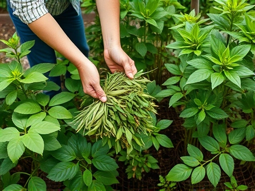 A person diligently collecting natural leaves and small branches in a clean, green garden for insect breeding, with a focus on sustainable and cost-effective methods.