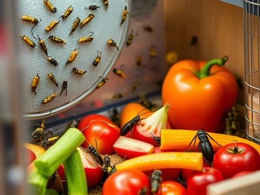 Close-up of a meticulously organized, DIY insect feeder with insects feeding, highlighting innovative and low-cost insect care and efficient food management with fresh vegetables.