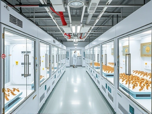 A high-tech insect breeding facility with various controlled environments, showing transparent enclosures, temperature and humidity sensors, and scientists observing insects, emphasizing precision and efficiency. Focus on modern technology and a clean, controlled setting.