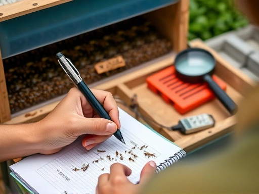 A person meticulously recording data from an insect rearing box, focusing on hand holding a pen and notebook, with a magnifying glass and a counting device in the background, showing diligent data collection.