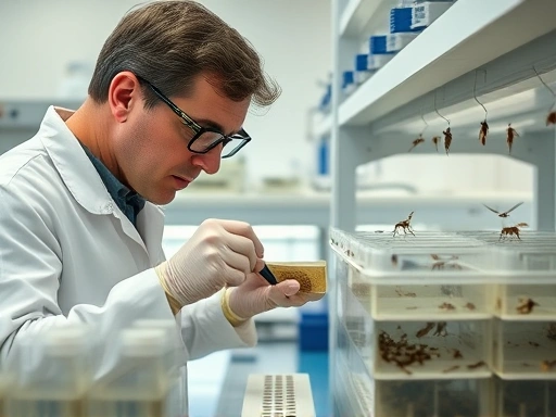 A researcher meticulously collecting data from insect breeding containers in a controlled laboratory environment, with various insects and measurement tools visible. Focus on scientific rigor and precision.