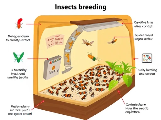 A detailed illustration of insect breeding, showing various factors like temperature, humidity control, and a healthy insect colony in a controlled environment, highlighting efficiency.