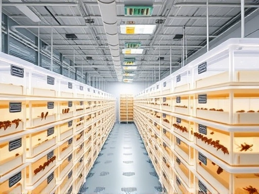 A modern, clean insect breeding facility with precise environmental control, showing stacks of transparent breeding boxes under controlled lighting, with sensors and automated systems, conveying efficiency and scientific approach.