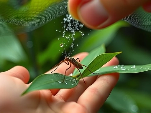Close-up of a hand gently misting a stick insect inside a mesh enclosure, showing fine water droplets on leaves and the insect, high humidity, natural light, focus on action.
