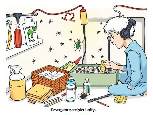 A detailed illustration of an emergency scenario in insect breeding, showing various small tools like hot packs, spray bottles, and a thermometer next to an insect enclosure, with a calm person actively managing the situation. Focus on problem-solving.