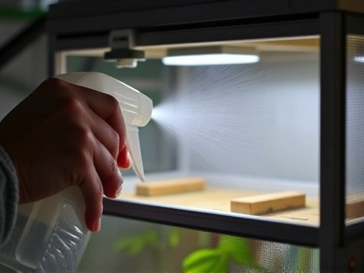 Close-up view of hands carefully adjusting a temporary humidity solution, perhaps by misting water into an insect enclosure with a spray bottle, highlighting the urgency and precision needed during equipment failure.
