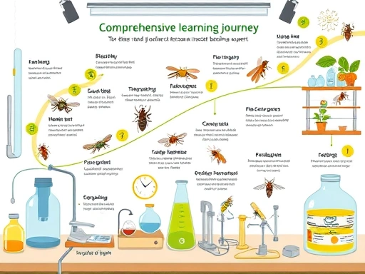 A detailed diagram illustrating the comprehensive learning journey to become an insect breeding expert, showing various stages like theoretical study, practical training, and specialization, with scientific equipment and insects in a laboratory setting. Bright and educational.