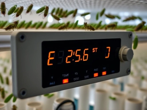 A close-up view of a detailed environmental control panel within an insect breeding facility, displaying digital readouts for temperature, humidity, and airflow, with subtle glowing indicators.