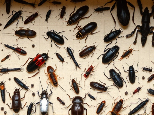 An overhead shot of various insects (beetles, stick insects, crickets) in a well-maintained, clean breeding enclosure, symbolizing successful insect breeding and a thriving environment. The scene is well-lit, showing detailed textures of the insects and their habitat.