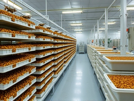 A modern, clean insect breeding facility with stacks of trays, automated feeding systems, and controlled climate, showing efficiency and scale.
