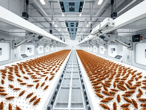 A futuristic insect breeding facility, clean and highly automated, with advanced sensors and robotic arms managing large insect colonies, highlighting innovation in sustainable food production. Focus on advanced technology and efficiency.