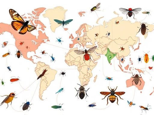 Vibrant, dynamic image showing various insects from different parts of the world, connected by subtle lines representing data exchange and global collaboration. Focus on diverse species and a faint map overlay, highlighting international networking in entomology.