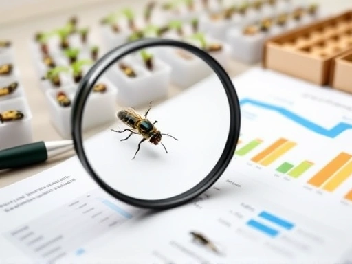 Close-up of a magnifying glass over a table displaying insect breeding data, with charts and graphs indicating improvement trends, representing evaluation and strategic planning.