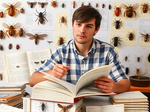 A person diligently studying insect breeding books and research papers, surrounded by various insect specimens, representing knowledge acquisition in entomology with a focused expression.