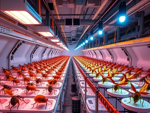 A futuristic indoor insect farm with automated systems, glowing lights, and diverse insects being cultivated for sustainable protein.