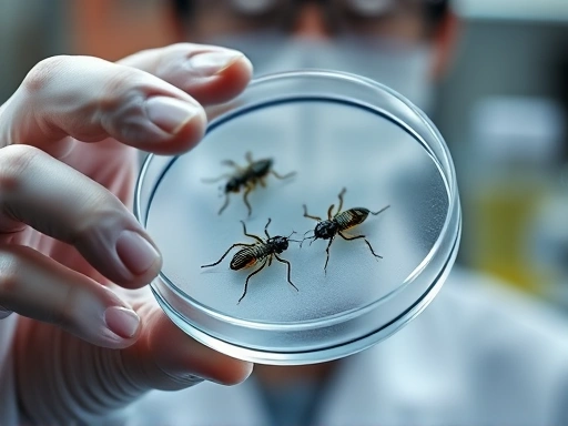 Close-up of a scientist's hand holding a petri dish with genetically enhanced insect larvae, showing precision and advanced biotechnology in a lab setting.