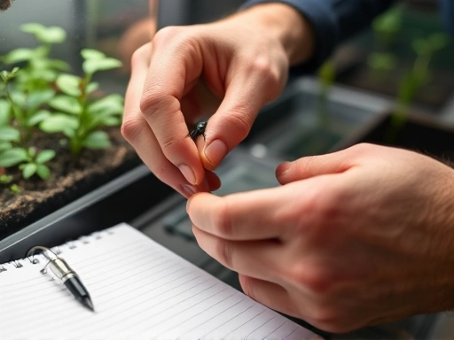 Close-up of a person's hands carefully handling a small beetle in a terrarium, with a notebook open nearby, emphasizing the practical experience and detailed record-keeping aspect of insect breeding.