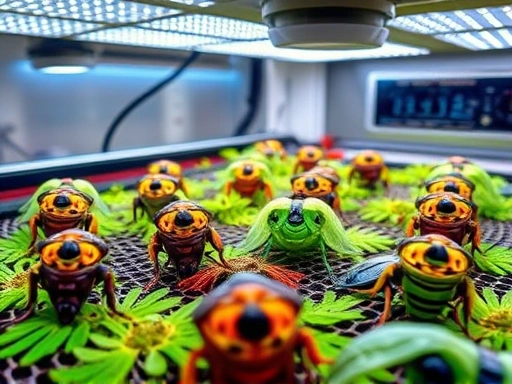 A close-up shot of various insect species thriving under optimal lighting conditions in a well-organized breeding enclosure, showcasing vibrant colors and healthy growth, with advanced LED lighting and digital timer in the background, demonstrating professional insect breeding setup.