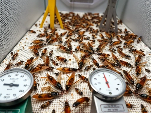 Close-up of a diverse insect breeding colony in a controlled environment, with various measuring tools like thermometers, hygrometers, and small scales visible, emphasizing precision and detailed observation.