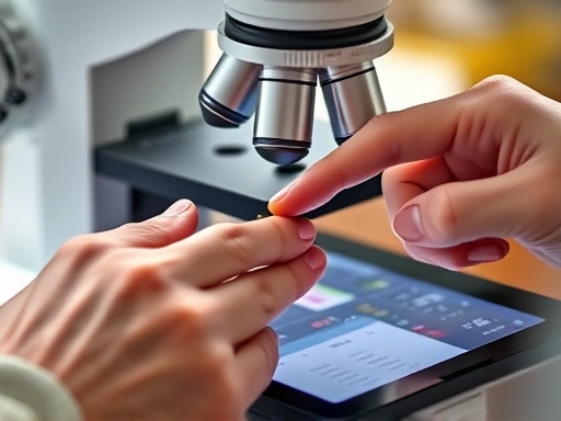 Close-up on a researcher's hands carefully handling an insect under a microscope, with another hand pointing to data on a tablet. Emphasize precision, shared knowledge, and scientific collaboration in insect breeding.