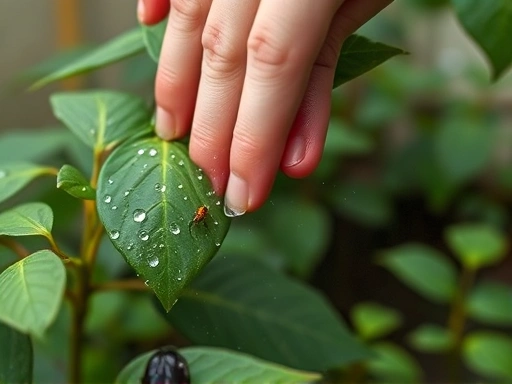 Close-up of a hand gently misting inside an insect breeding enclosure, showing tiny water droplets on the leaves and a small insect in the background, highlighting the care in insect breeding.