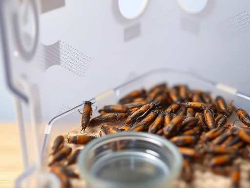 Close-up shot of a transparent modular insect breeding box, showing a healthy colony of insects, with clear ventilation holes and a small food dish, emphasizing compact and organized living.