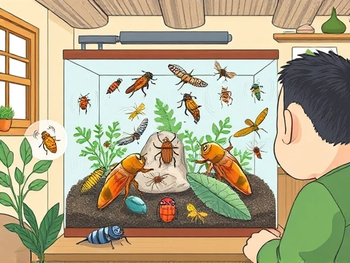 A detailed illustration of various insects in a terrarium, with sound waves emanating from them, showing different types of noise. The terrarium is in a cozy room, but the sound waves are visibly annoying to a person. Focus on a clear representation of noise sources and their impact. SEO keywords: insect breeding, noise, sound, terrarium, pets.