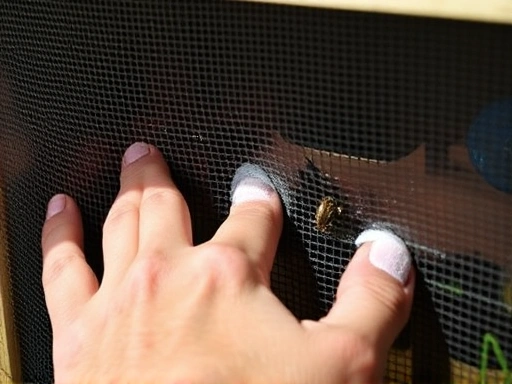 Close-up of a hand cleaning an insect enclosure with natural deodorizers like baking soda and activated charcoal, showing attention to hygiene, detailed and bright.