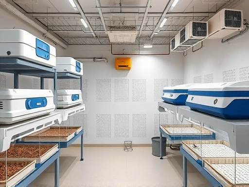 A well-ventilated, clean insect breeding facility with various types of enclosures and air purifiers, demonstrating effective odor management. Focus on neatness and professional setup.