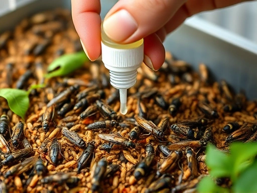 Close-up on a hand carefully applying beneficial microbial solution to insect substrate, emphasizing advanced odor control techniques and responsible breeding practices.