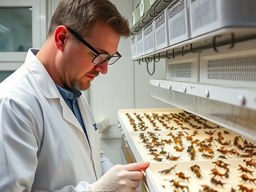 A professional entomologist observing various insects in a controlled, clean breeding environment, with equipment like thermometers and humidifiers visible, representing optimal insect husbandry.