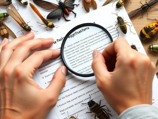 Close-up shot of hands filling out complex application forms, with magnifying glass over small text, surrounded by different insect species, symbolizing the detailed and precise nature of obtaining insect breeding permits and understanding regulations.