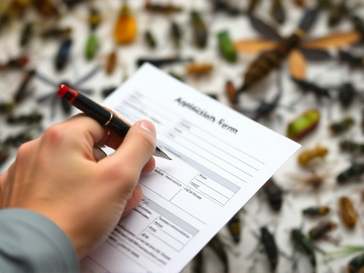 Close-up of a hand filling out an official application form for insect breeding, with a blurred background of a diverse insect collection, emphasizing precision and compliance.
