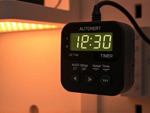 Detailed view of an automatic digital timer connected to a full-spectrum LED light, meticulously set for specific photoperiods, indicating precise control over insect breeding environment, emphasizing technology and care.