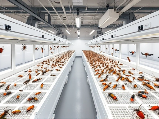 A modern, clean insect breeding facility with various species in controlled environments, showcasing advanced technology for quality control, focus on scientific research and efficiency.