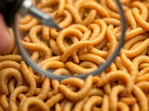 Close-up of healthy, uniformly sized insects (e.g., mealworms or crickets) being inspected, emphasizing meticulous quality control, perhaps with a magnifying glass or lab equipment.