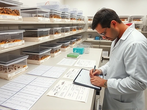 An organized insect breeding lab with various insect enclosures, detailed record sheets, and a scientist meticulously noting data on a tablet. The scene should convey precision and dedication, highlighting insect breeding record management.