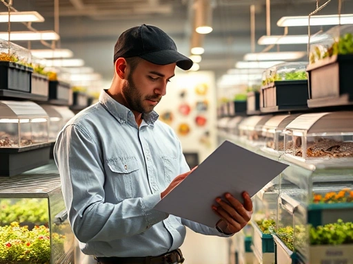 A person diligently studying legal documents related to insect breeding, surrounded by various insect enclosures in a modern, well-lit setting, professional, detailed, natural light, high resolution.