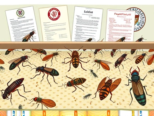 A detailed illustration of various insects in controlled breeding environments, with legal documents and government seals subtly in the background, representing regulations and permits. Focus on clarity and a professional, informative tone.