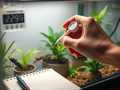 A detailed shot of a hand meticulously checking environmental parameters (temperature, humidity) inside an insect terrarium, with a small notebook and pen nearby, emphasizing diligent insect management and care.
