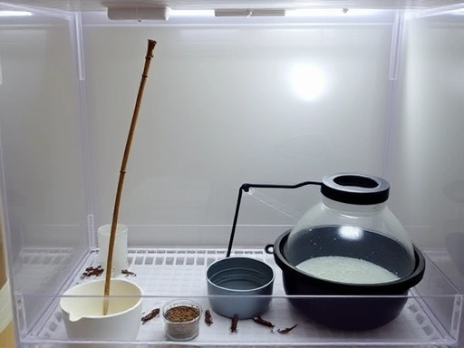 A well-organized, clean insect breeding setup inside a clear plastic enclosure, with a small stick, food dish, and water source visible, under soft, natural lighting, showcasing essential equipment.
