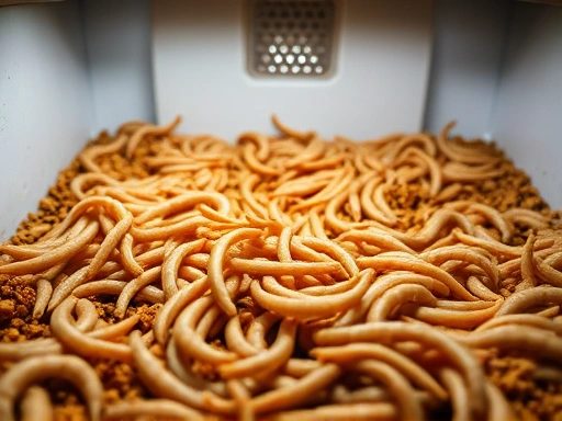Close-up of healthy mealworms or crickets thriving within a precisely controlled breeding box, showing balanced feed, ideal humidity, and subtle LED lighting, emphasizing the thriving colony.