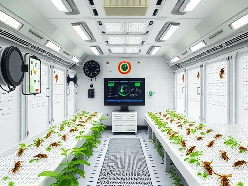 A futuristic and clean insect breeding facility with various IoT sensors, climate control devices, and a central monitoring screen, emphasizing the integration of technology and nature.