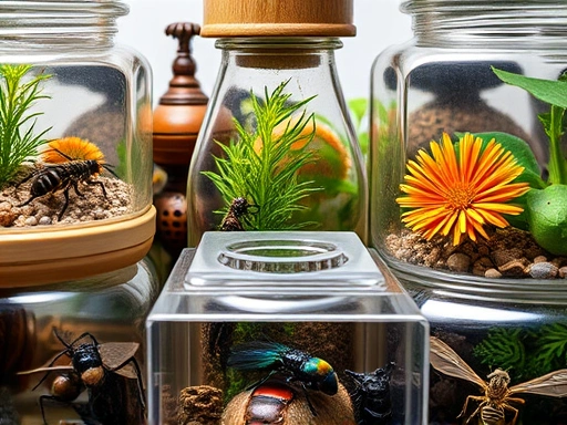 A close-up shot of various insects being housed in different types of terrariums, showcasing diverse sizes and styles, with focus on healthy insects in their environments, natural lighting.