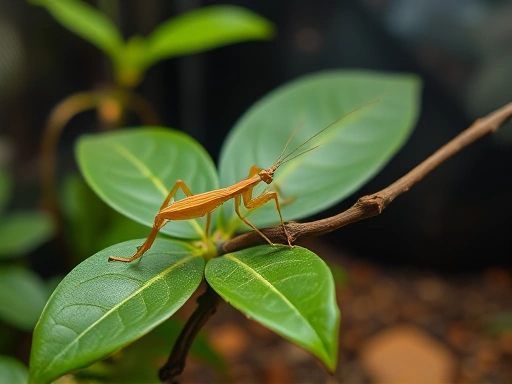 Detailed view of a small terrarium with a healthy stick insect on a leafy branch, showing a comfortable and appropriate living space for the insect.