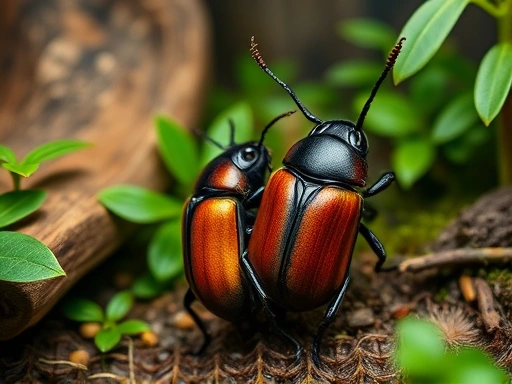 A close-up of a pair of large, vibrant beetles (e.g., Dynastes hercules or Odontolabis cuvera) in a lush, humid enclosure with natural wood and substrate, illustrating successful mating. Focus on their intricate details and the rich, green background, suitable for insect breeding SEO.