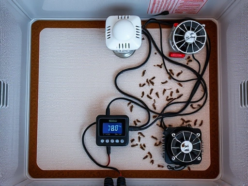 A detailed top-down view of an insect breeding enclosure with various temperature control equipment, including a heating mat under the substrate, a ceramic heater mounted on top, and a small cooling fan, showing clear connections to a digital thermostat. The scene should convey a sense of scientific care and precision.